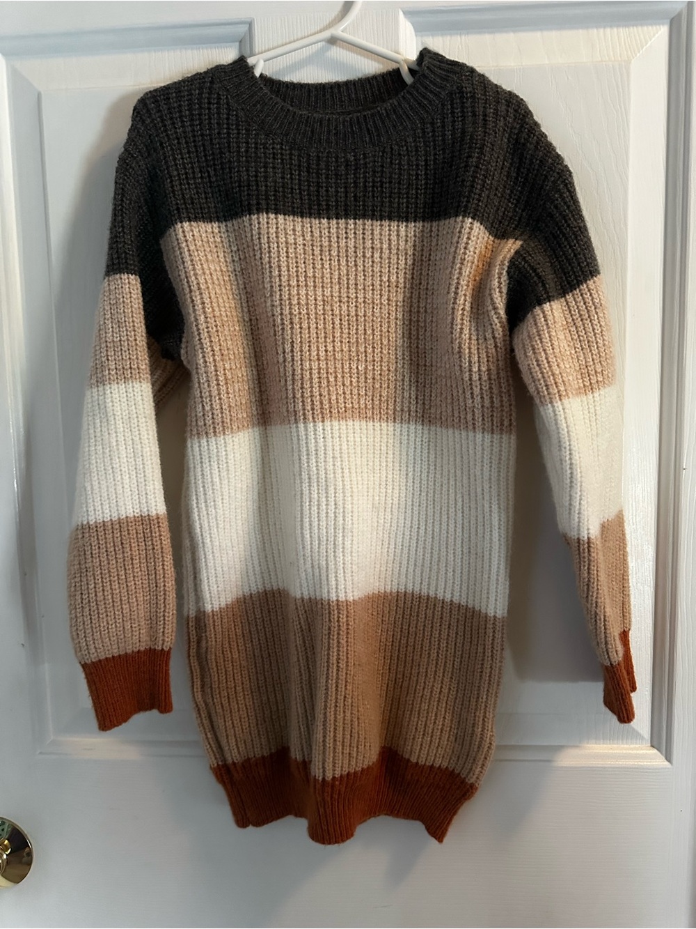 Girl’s Cozy Striped Knit Sweater Dress in Black, Cream, Tan, and Rust